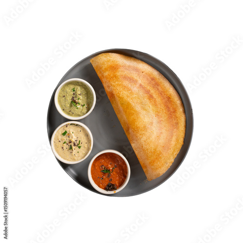 Plate of masala Dosa with three types of chutneys top view on a Transparent PNG background 