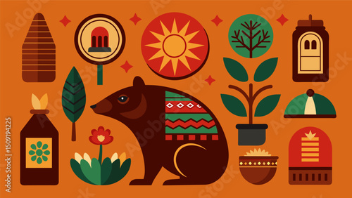 A showcase of moleinspired art and crafts displaying intricate designs and symbols representing the diversity of Mexicos mole varieties.. Vector illustration