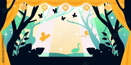 Whimsical Stage Backdrop with Forest Butterflies and Lanterns for Children s Theater