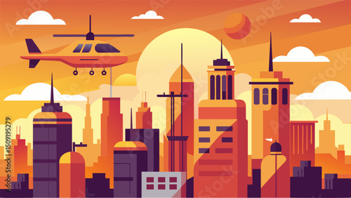 A bustling city skyline is dotted with air taxis each one utilizing the power of the sun to transport passengers.. Vector illustration