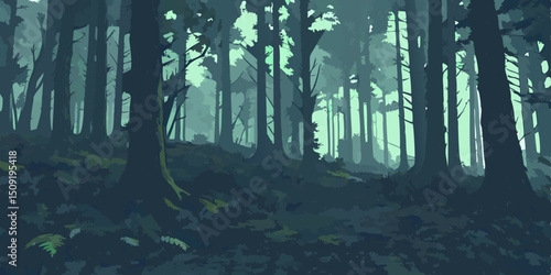 Mystical Forest Illustration with Fog and Tall Trees in a Dark Ambiance