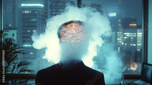 Businessman with Brain Fog in Urban Nightscape