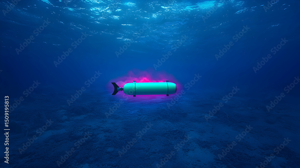 Fototapeta premium Teal Underwater Robot on Ocean Floor Glowing Pink