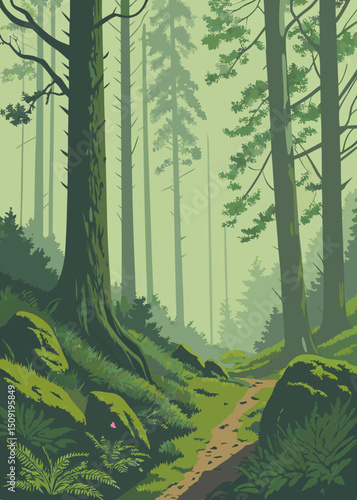 Misty Forest Illustration with Trail Trees and Mossy Rocks in Green Tones
