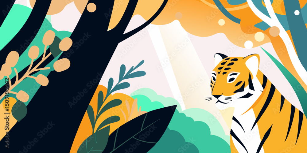 Naklejka premium Stylized Tiger in Abstract Jungle Illustration with Trees and Foliage