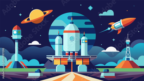 A futuristic spaceport is illustrated where eVTOLs are launching to and from space using renewable energy sources like solar or nuclear power.. Vector illustration