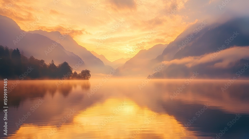 Fototapeta premium Golden sunrise over a serene lake nestled amongst misty mountains.