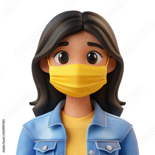 Cartoon Woman in Mask: A 3D Portrait of Health and Style During the Pandemic, A Symbol of Protection, Safety, and Modern Design in a Casual Wear