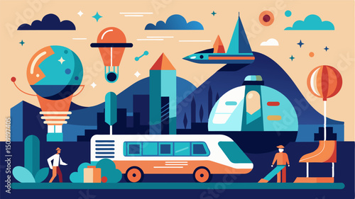 A mood board of futuristic designs and ideas inspires visitors to imagine the endless possibilities for eVTOLs in the everevolving landscape of transportation.. Vector illustration