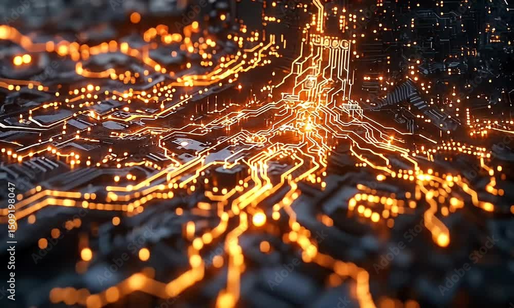 Abstract representation of a glowing circuit board with orange lights and intricate patterns Abstract representation of a glowing circuit board with orange lights and intricate patterns