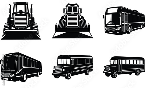 Black and White Silhouettes Bulldozers, Buses, and Transportation Vehicles