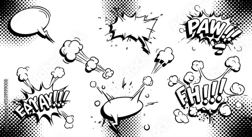 Collection of black and white comic book speech bubbles and sound effects
