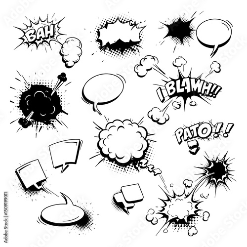 Collection of black and white comic book speech bubbles and explosions
