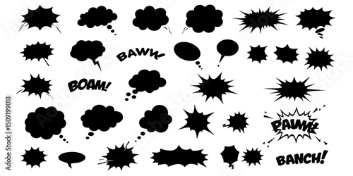 Collection of black comic book speech bubbles and sound effects
