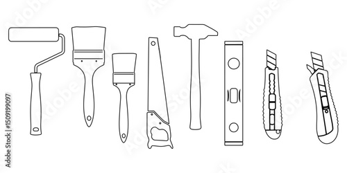 Collection of hand tools line art for diy projects and home improvement