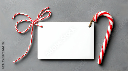 Blank White Card with Candy Cane and Red Twine Bow on Grey Background