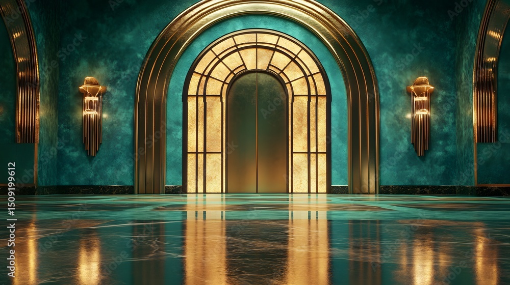 Fototapeta premium Grand hall with teal walls and golden accents.