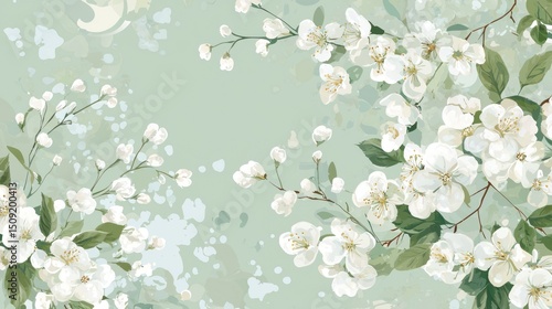 Delicate white blossoms against a soft sage green background.
