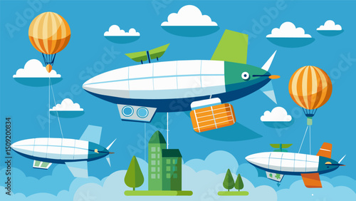 A diverse mix of electric airships powered by innovative alternative energy sources providing a new way to travel in a more environmentallyfriendly way.. Vector illustration