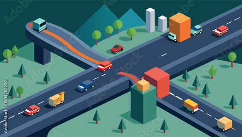 A 3D map that shows realtime speeds and movements of vehicles on a major highway giving insight into bottlenecks and hotspots.. Vector illustration