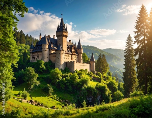 Wallpaper Mural Majestic castle nestled on a verdant hillside, bathed in golden sunlight Torontodigital.ca