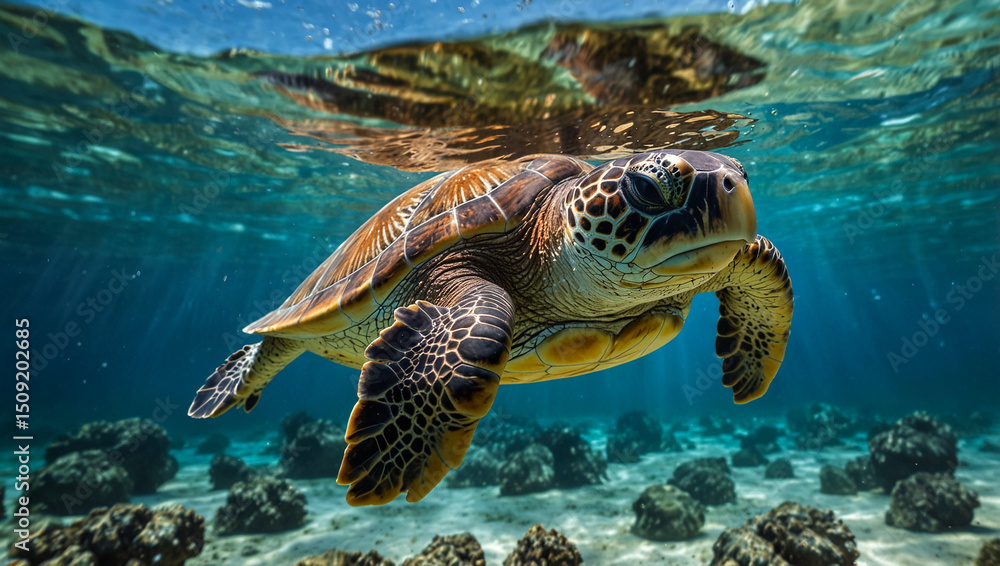 Fototapeta premium Hawaiian Green Sea Turtle (Chelonia mydas) swimming underwater. Created using generative AI tools