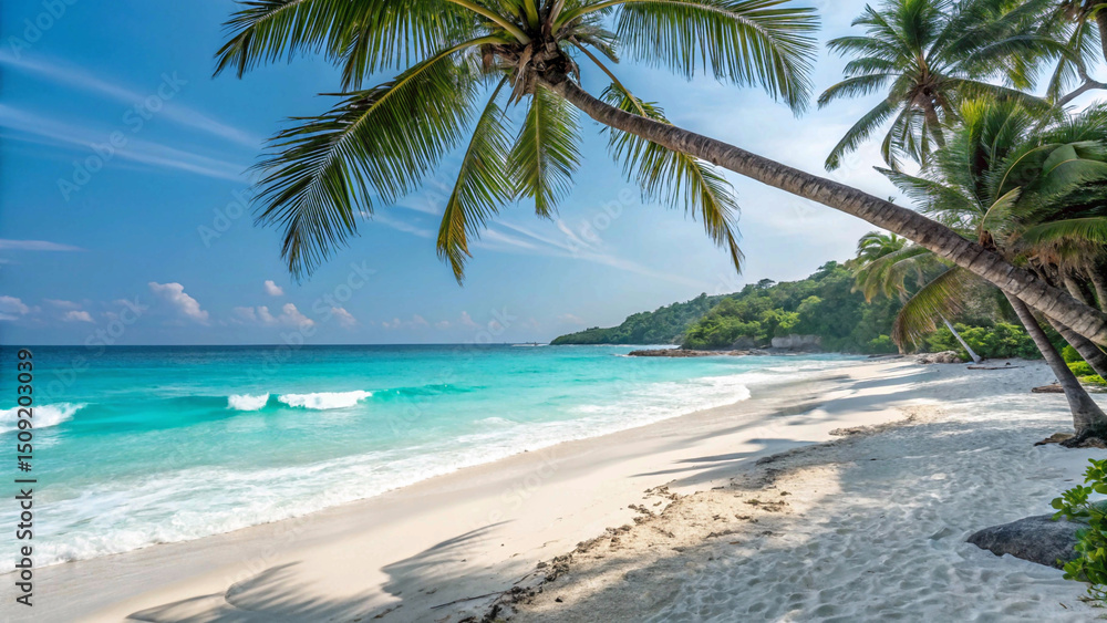 Fototapeta premium Tropical beach with white sand, turquoise waves, and palm trees under a clear sky, perfect summer escape wallpaper