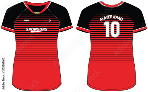 Women Sports Jersey t-shirt design Flat sketch Illustration, abstract degrade stripe pattern V Neck t shirt for Ladies Volleyball jersey, Football, badminton, Soccer and netball, Sport uniform kit
