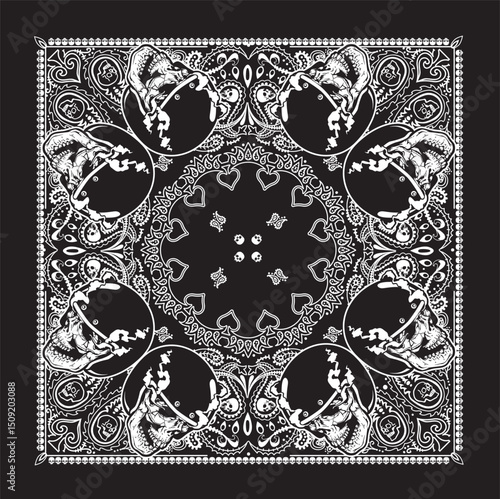 black paisley , skull   bandana print vectör design