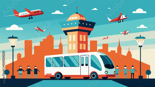 A driverless shuttle bus zips through a busy intersection while above it a swarm of air taxis moves in perfect synchronization guided by a central control tower that coordinates. Vector illustration