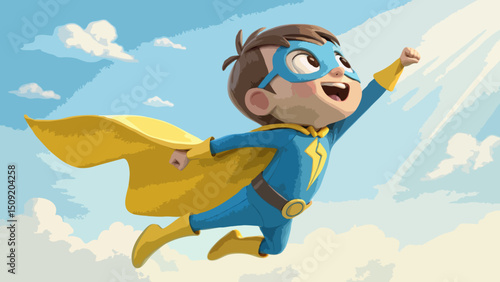 Cute cartoon boy superhero flies in air. Superhero costume in blue, yellow vectors.svg
