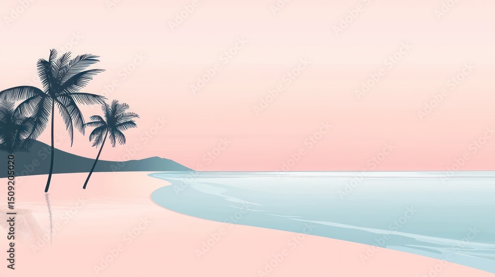 Obraz premium Pastel beach scene with palm trees at dawn.