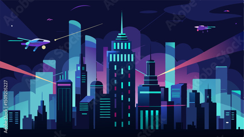 A city at night lit up by the glowing trails of autonomous drones as they navigate through the darkness.. Vector illustration