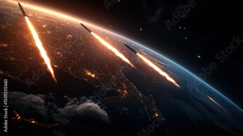 Missiles launched over night Earth.  Military attack simulation