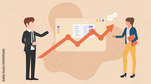 Business professionals analyse financial growth charts and stock market diagrams, illustration concepts of success and profit