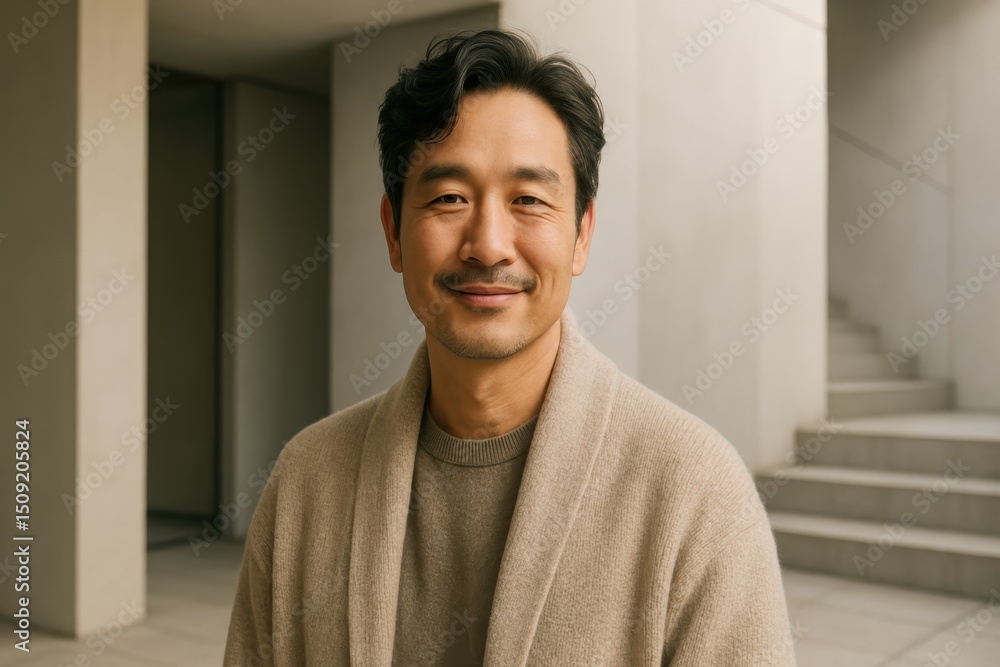 Obraz premium Candid Lifestyle Portrait of a Gentle and Stylish Chinese Man in His 40s Wearing a Chic Cardigan and Smiling Softly Against a Modern Minimalist Architectural Background