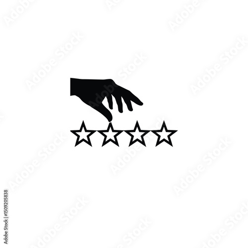 Silhouette of a hand hovering above five stars, showing rating or review action on white background