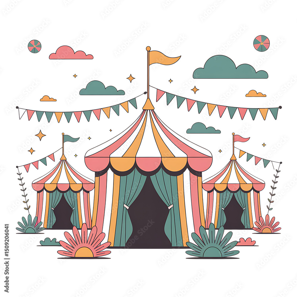Whimsical Carnival Tents with Bunting and Flags in Pastel Colors Whimsical Carnival Tents with Bunting and Flags in Pastel Colors