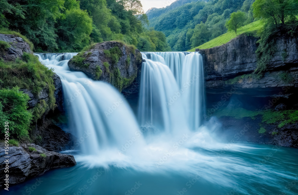 Majestic waterfall cascades through lush greenery in a serene natural setting during daylight hours Majestic waterfall cascades through lush greenery in a serene natural setting during daylight hours