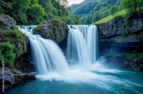 Majestic waterfall cascades through lush greenery in a serene natural setting during daylight hours