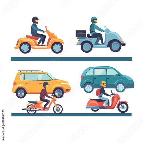 Professional drivers on vehicles wearing helmets on road image for safety campaigns