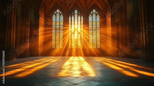 Cathedral sunrise, stained glass, light rays, interior, spiritual