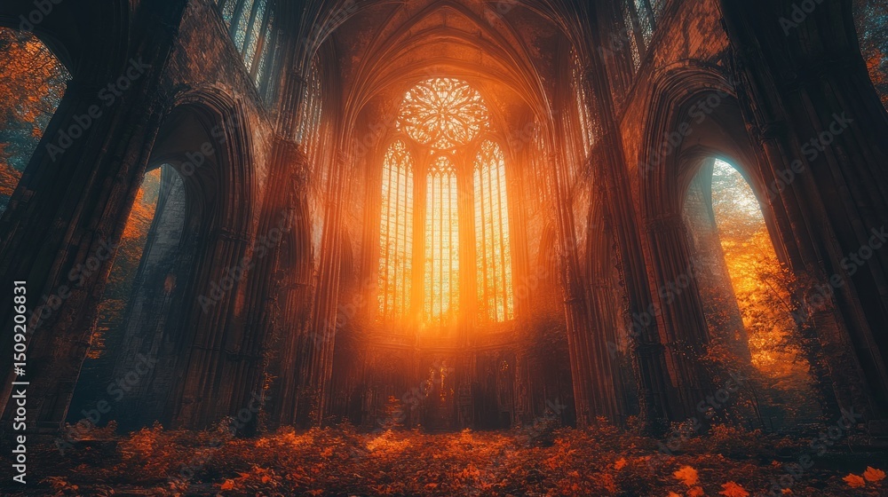 Fototapeta premium Autumn sunlight through gothic church ruins
