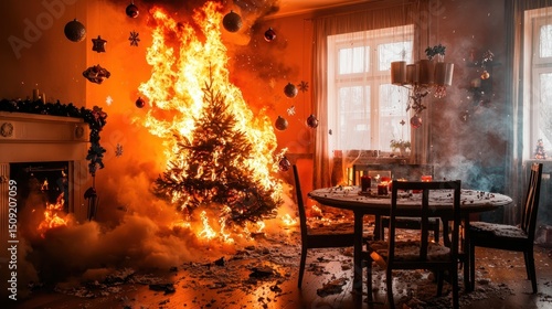 Burning Christmas tree in living room, fire safety