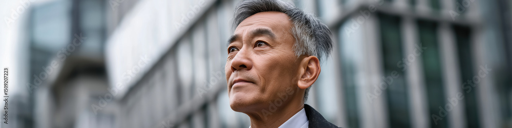 Fototapeta premium A man in a suit is looking up at the sky. He is deep in thought