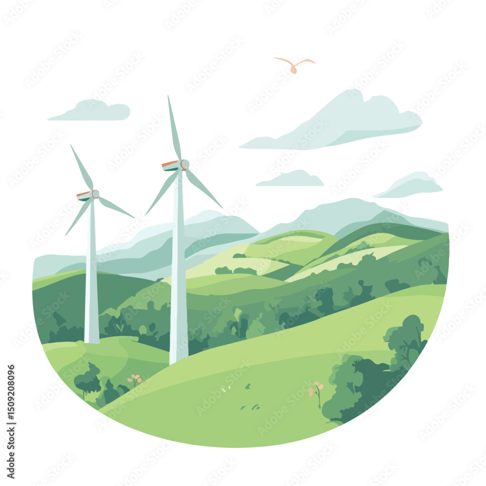 Obraz premium Green Energy Wind Turbines on Nature Vector Illustration for Renewable Energy Concept
