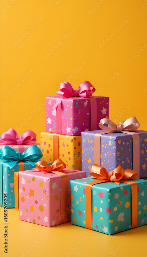 Obraz premium Stack of Wrapped Birthday Gifts with Bows