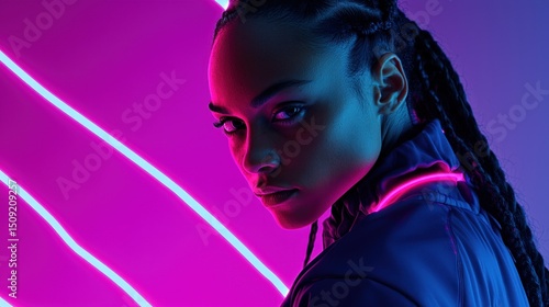 Woman, neon lights, studio portrait, confident pose, fashion