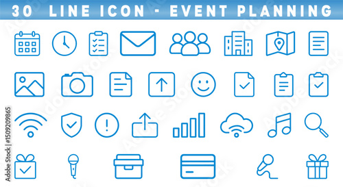 Collection of line icons showcases essential elements for event planning, from calendars and clocks to groups and checklists. Every detail assists organizers in streamlining their tasks.