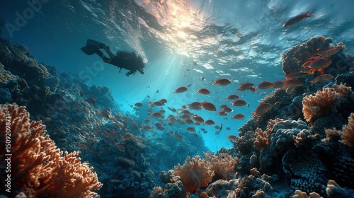 Fototapeta Naklejka Na Ścianę i Meble -  Diver explores vibrant coral reefs of Palau amidst a school of Blue Tang fish